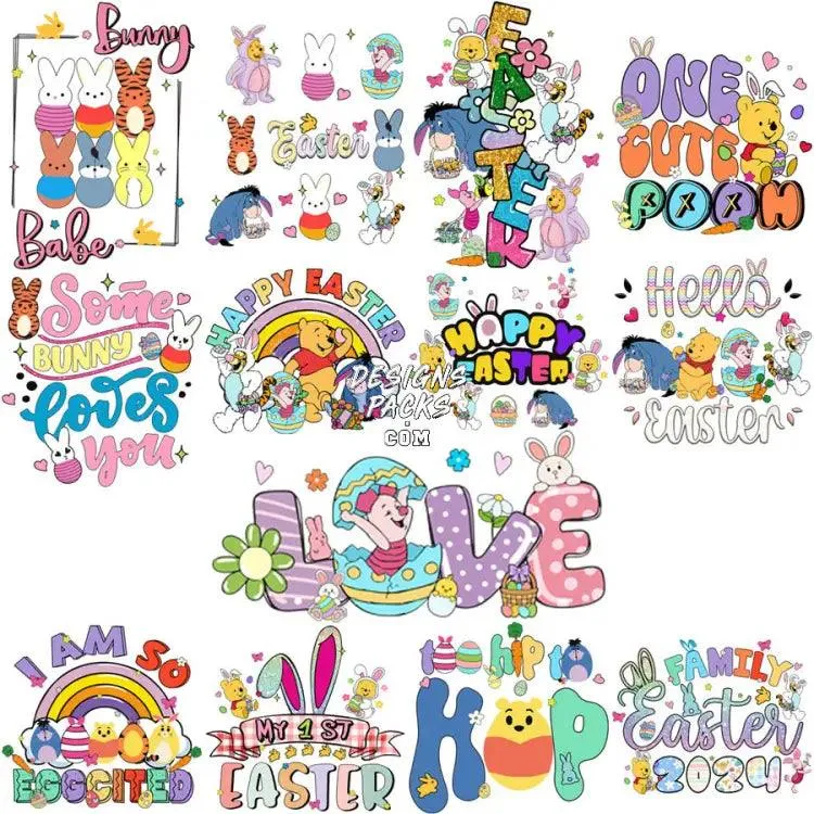 13 Cartoon Easter Day Pooh Bear Designs Bundle PNG