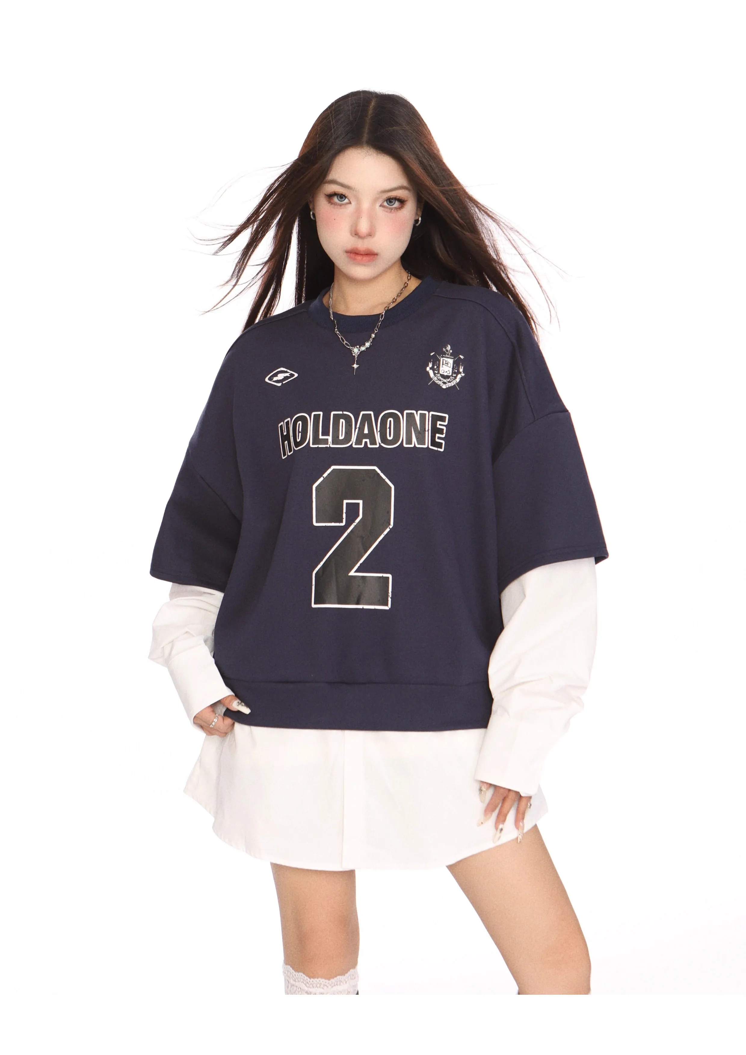 Blokecore sporty graphic fake two-piece jersey
