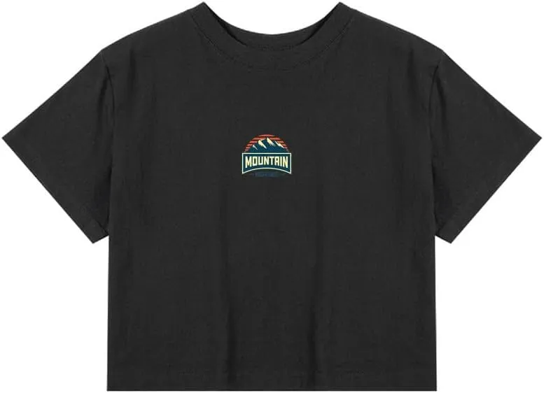 CORIRESHA Women's Retro Mountain Crewneck Summer Short Sleeve Crop Sun T-Shirt