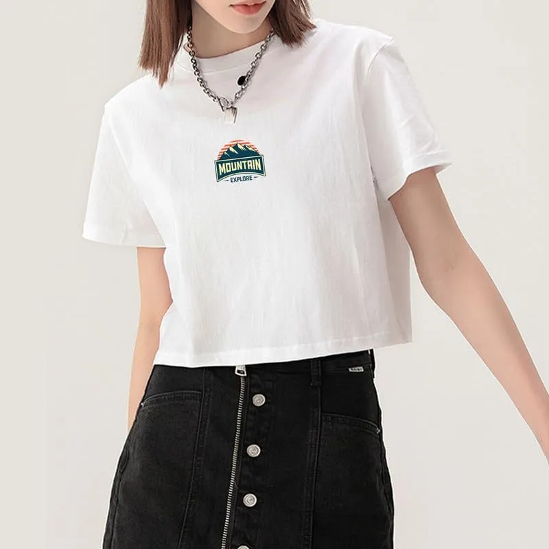 CORIRESHA Women's Retro Mountain Crewneck Summer Short Sleeve Crop Sun T-Shirt