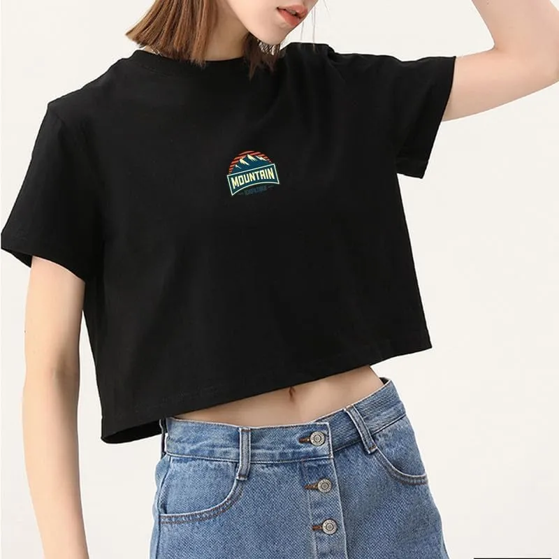 CORIRESHA Women's Retro Mountain Crewneck Summer Short Sleeve Crop Sun T-Shirt