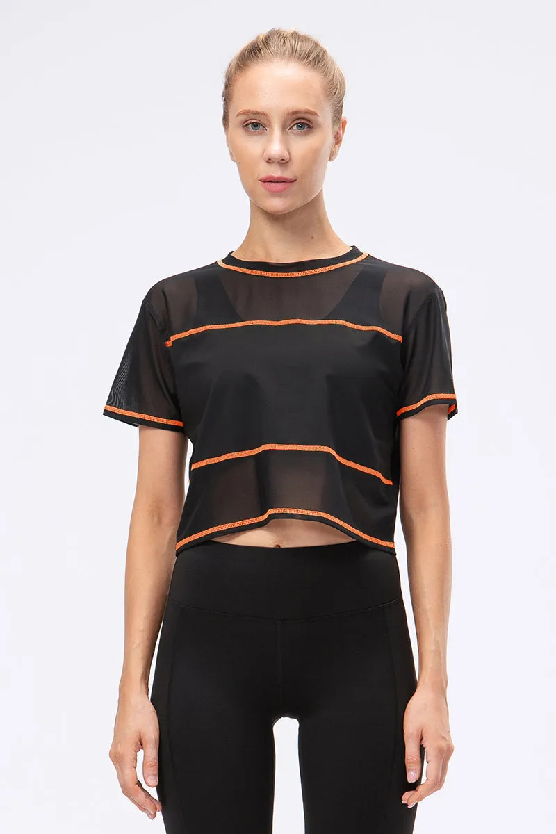 Crew Neck Cropped Short Sleeve T-Shirt Sheer