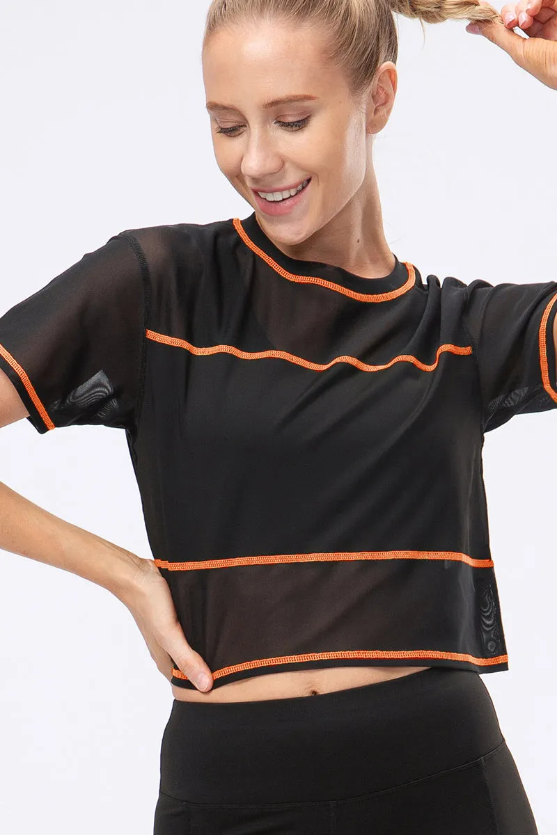 Crew Neck Cropped Short Sleeve T-Shirt Sheer