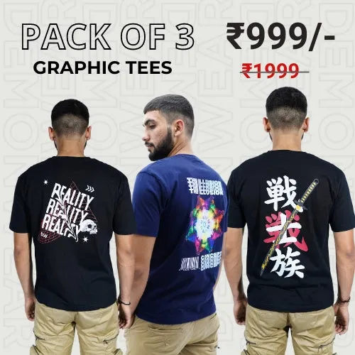 Demon Wear's "Reality" "Samurai" "Concept" Graphic T-Shirt Combo Pack Of 3 for Him