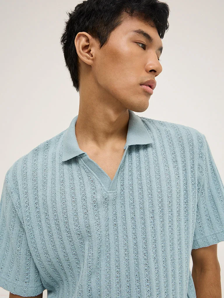 ETA Blue Knit-Textured Relaxed-Fit Polo T-Shirt