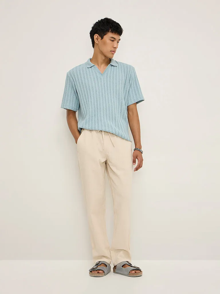 ETA Blue Knit-Textured Relaxed-Fit Polo T-Shirt