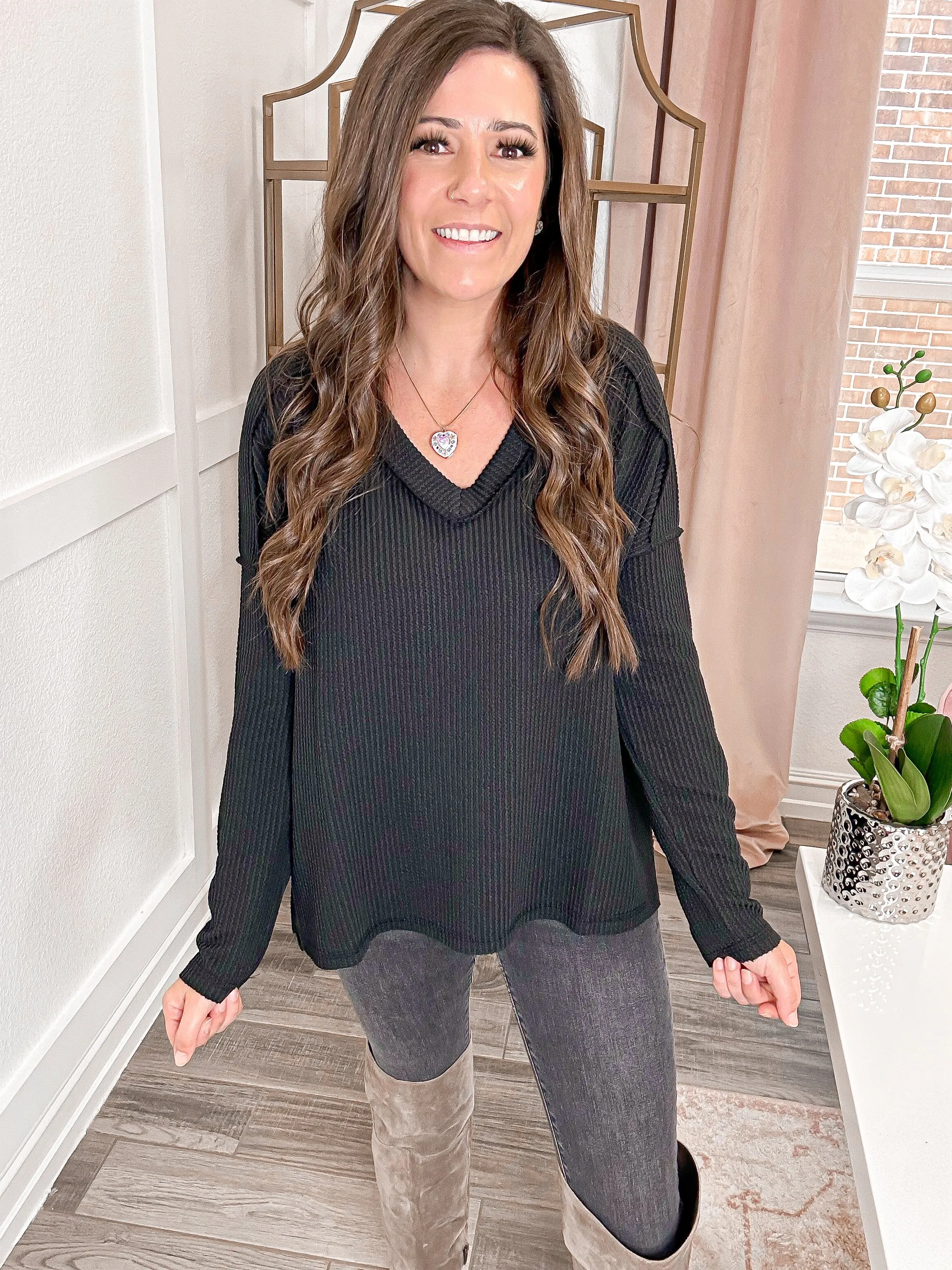 Exposed Edge Long Sleeve Top in Black