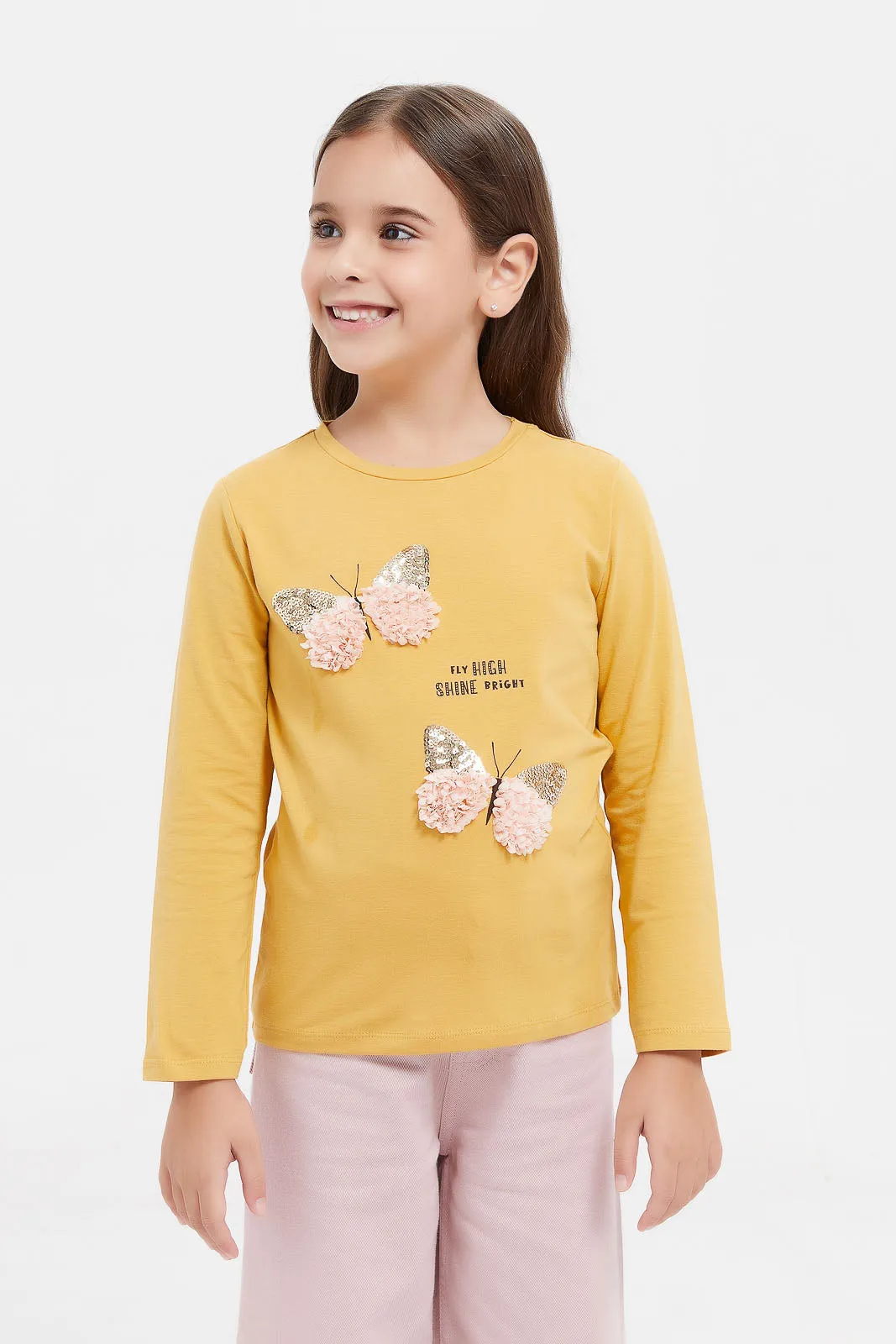 Girls Mustard Sequins Embellished T-Shirt