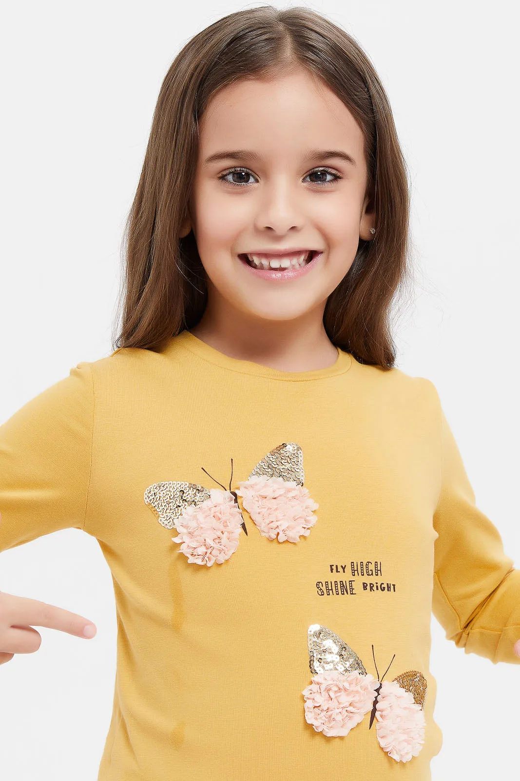 Girls Mustard Sequins Embellished T-Shirt