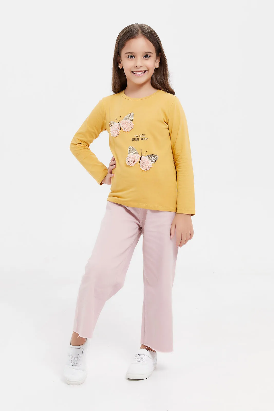 Girls Mustard Sequins Embellished T-Shirt