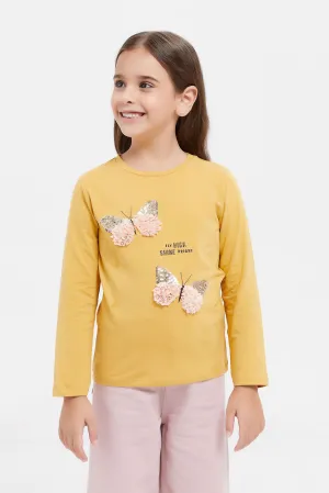Girls Mustard Sequins Embellished T-Shirt