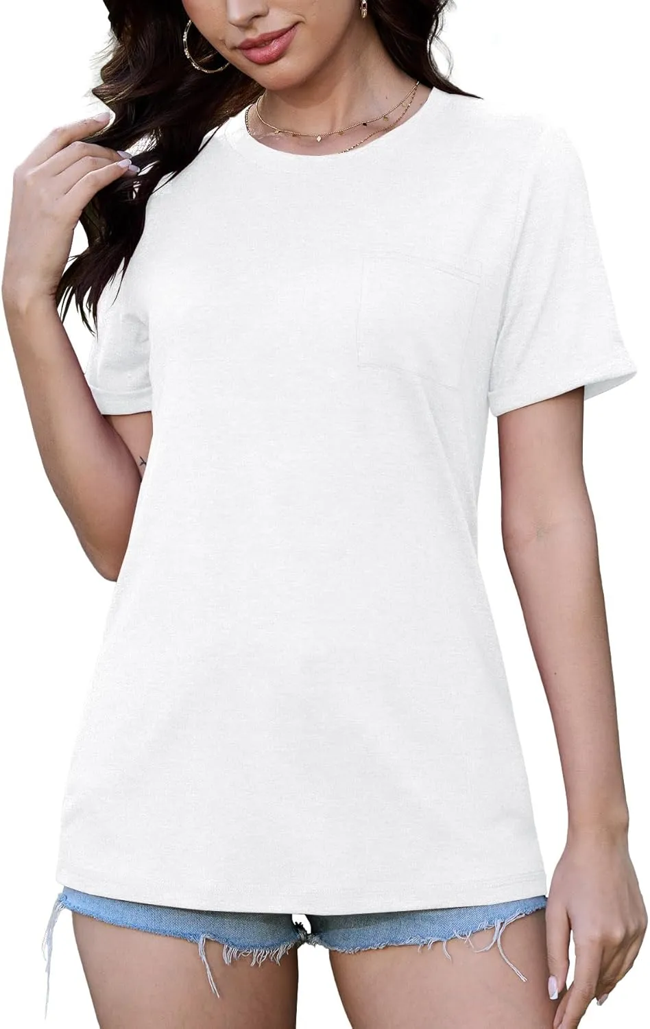 JomeDesign Womens Summer Tops Casual Short Sleeve Shirts with Pocket Lightweight Crew Neck Tee Classic Fit