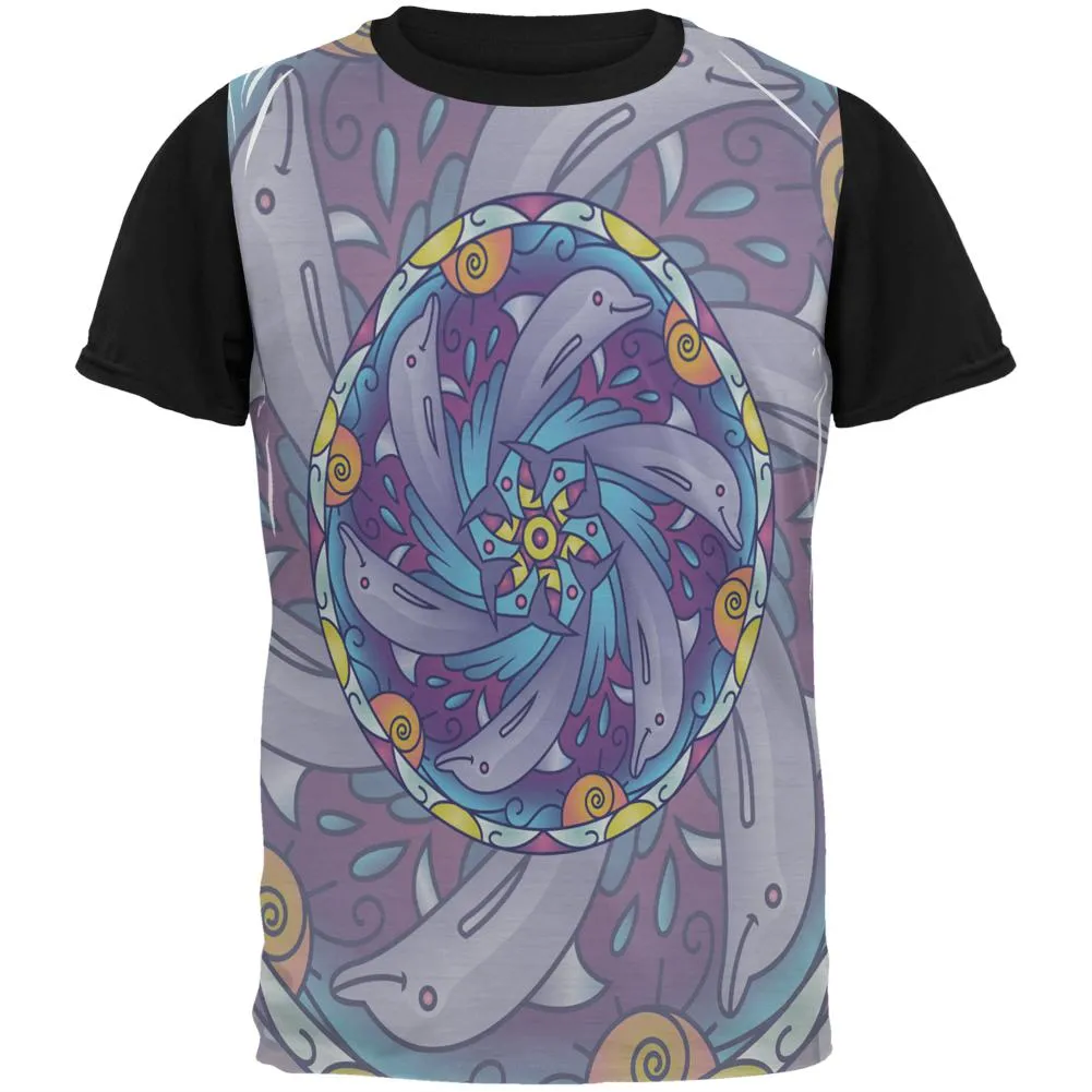 Mandala Trippy Stained Glass Dolphins All Over Mens Black Back T Shirt
