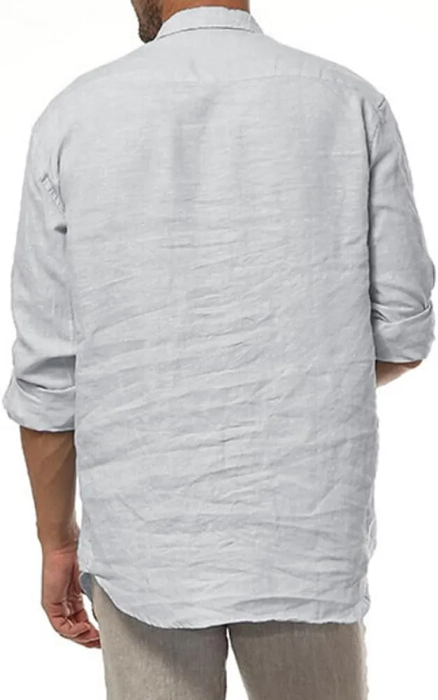 Mens Casual 100% Linen Rolled up Long Sleeve Buttons Shirts