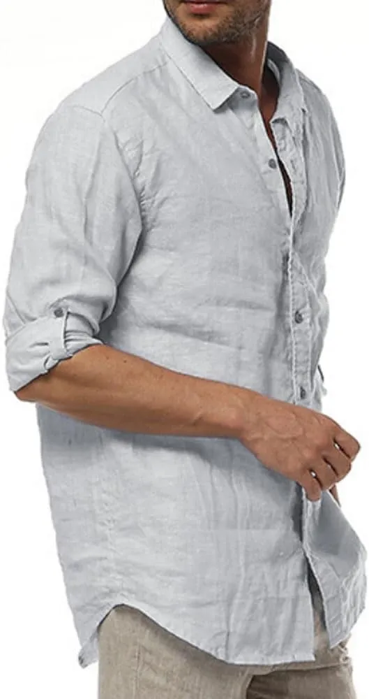 Mens Casual 100% Linen Rolled up Long Sleeve Buttons Shirts