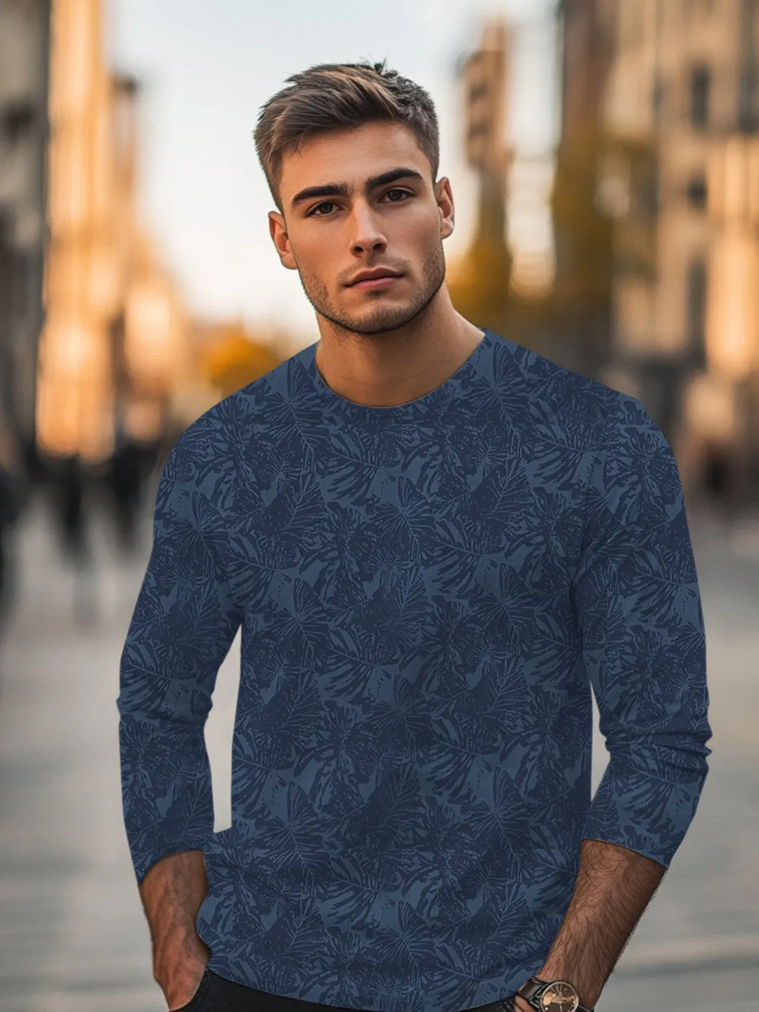 Men's Mood Indigo Printed Full Sleeve Slim Fit Cotton T-Shirt