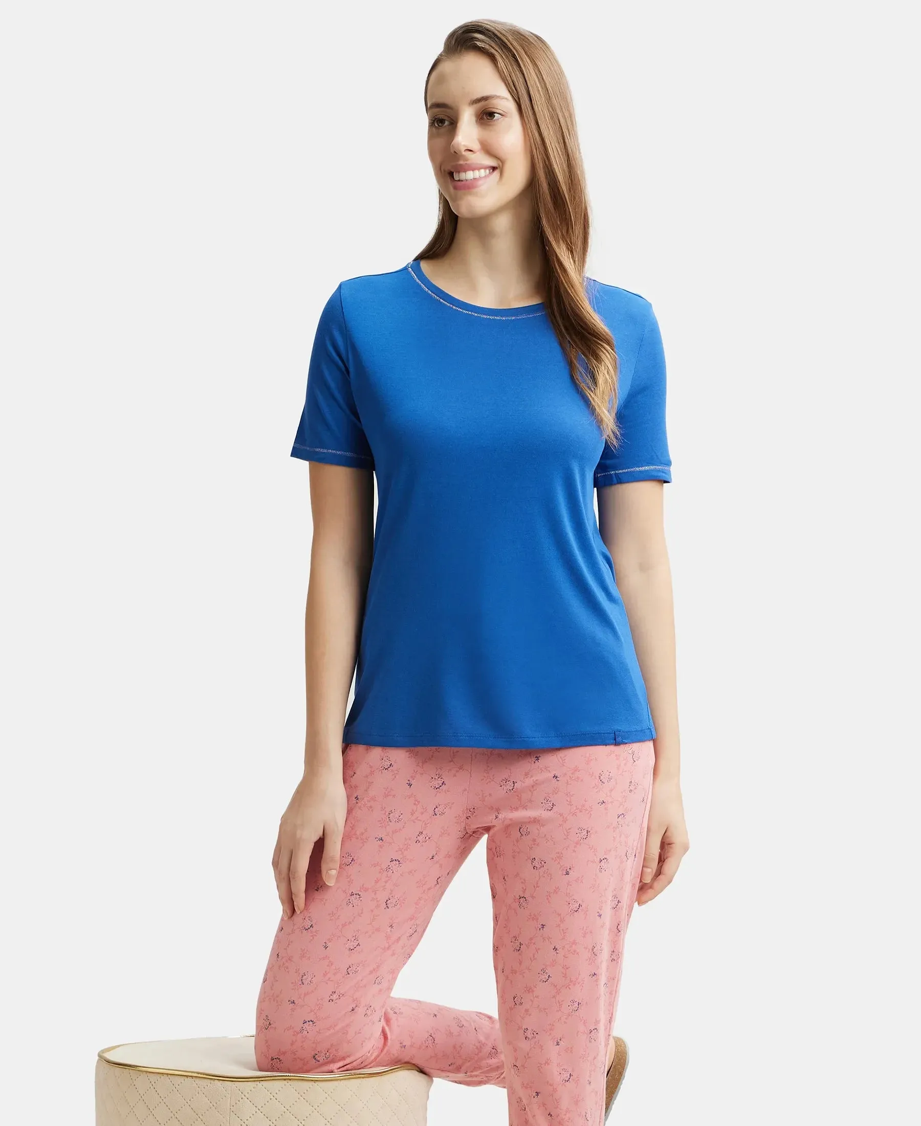 Micro Modal Cotton Relaxed Fit Round neck Half Sleeve T-Shirt - Blue Quartz