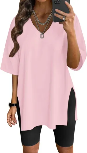 Neweek Womens Oversized Workout T Shirts Short Sleeve V Neck Side Slit T-Shirt Summer Casual Basic Tee Tops Loose Fit