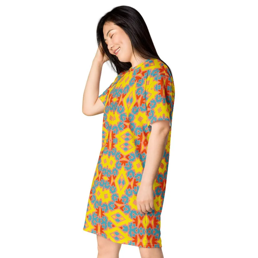 Oversized T-shirt Dress with Colorful Pattern Design