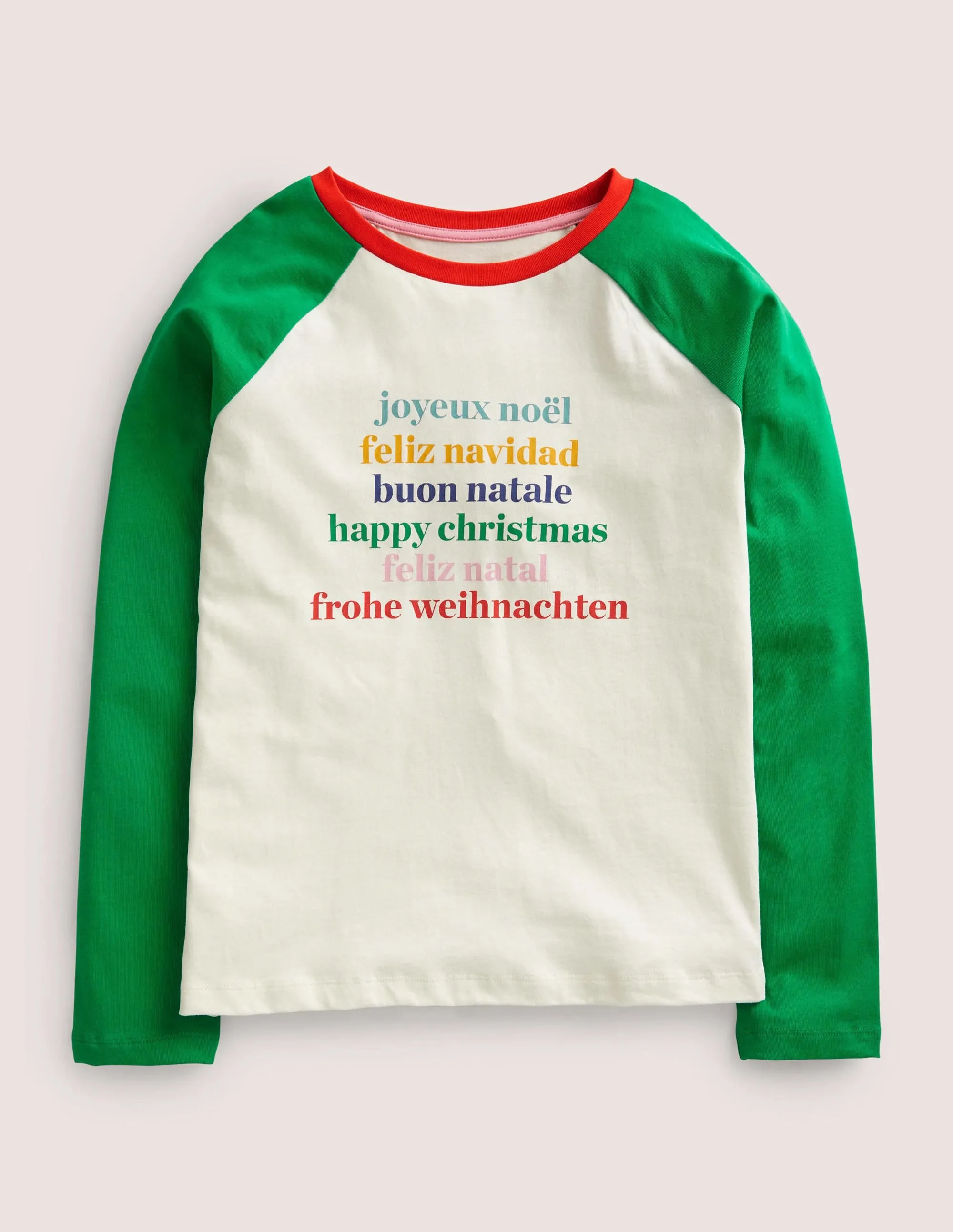 Raglan Festive Printed T-shirt-Ivory/Highland Green