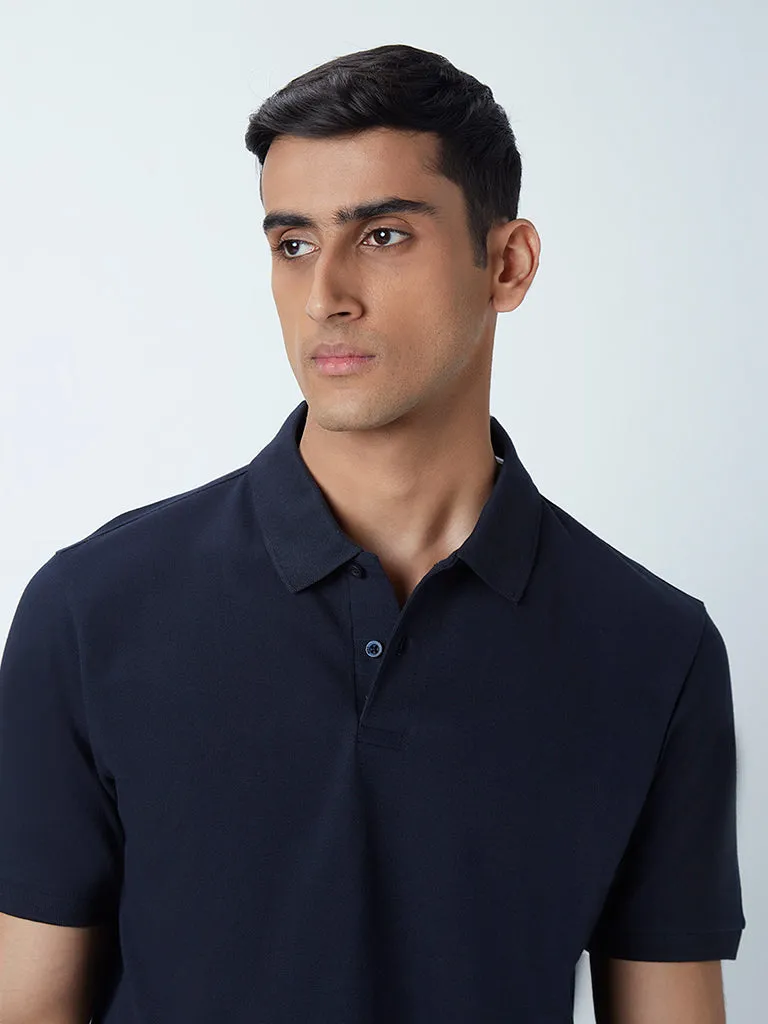 WES Casuals Navy Cotton Blend Slim-Fit Polo T-Shirt