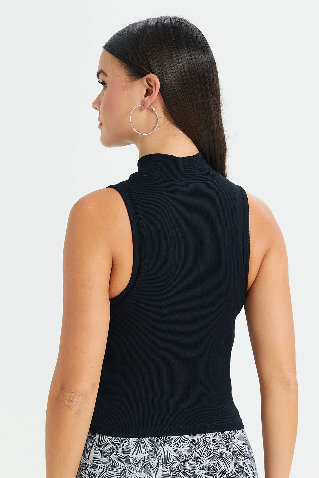 Women Black High Neck Rib T-Shirt