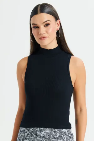 Women Black High Neck Rib T-Shirt