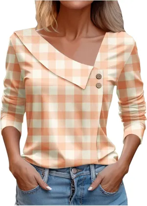 Women Tops Spring 2024 Long Sleeve V Neck Loose Shirts Plaid Print Asymmetric Button Blouses Business Casual Tunic